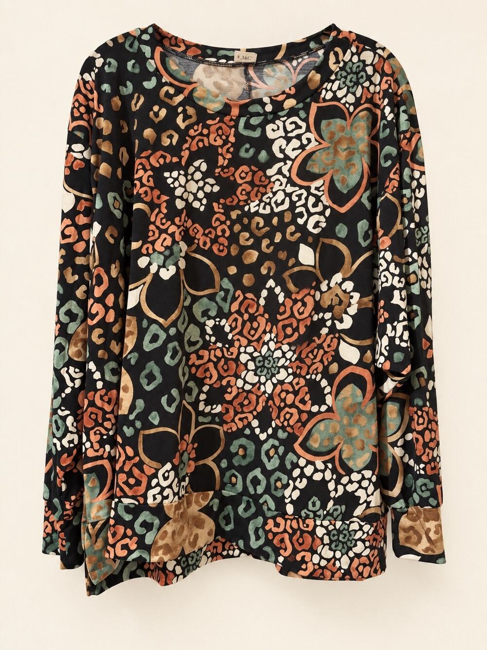 Sew In Love Floral Leopard Print Long Sleeve Tunic Top Black Large L
